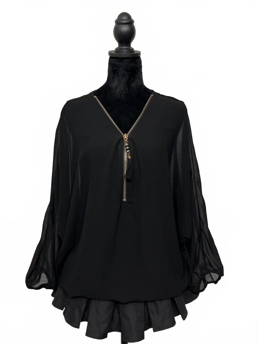 Made In Italy Black Mesh Sheer Bat Sleeve V Neck Blouse W Gold Fringe Zipper S M